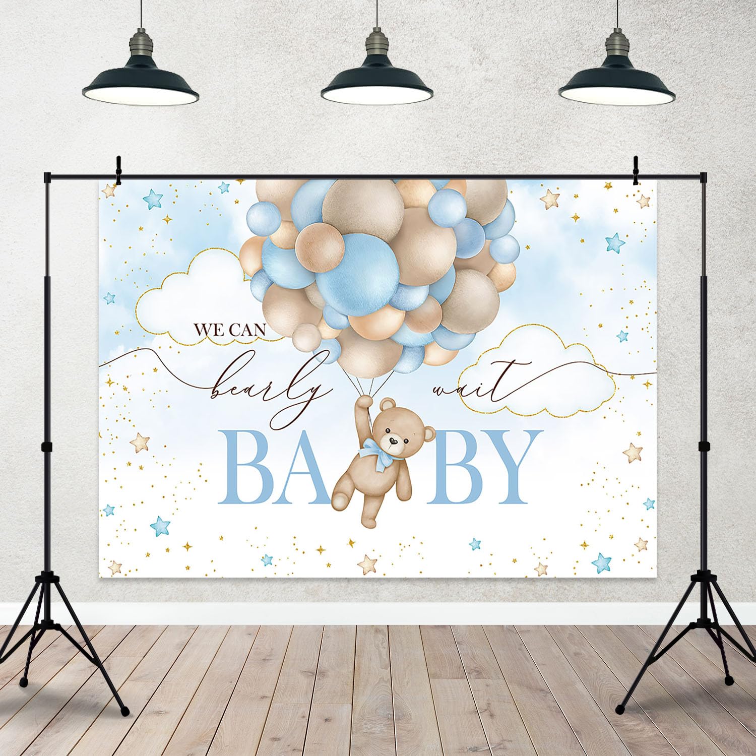 Joliaco 7X5Ft Blue Bear Hot Air Balloon Backdrop Watercolor Balloons Bear Baby Shower Party Decorations For Boy We Can Bearly Wa